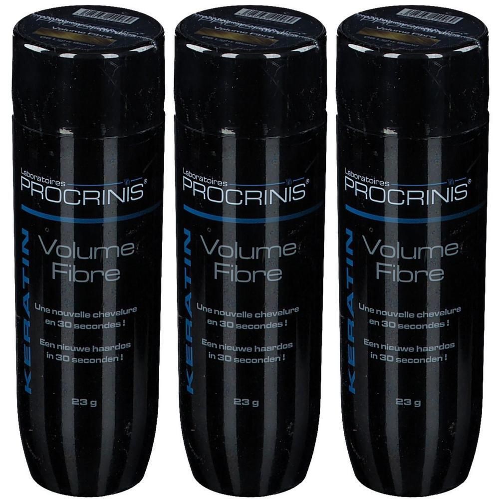 Drie zwarte containers met Procrinis Volume Fibre Keratine, 23g.