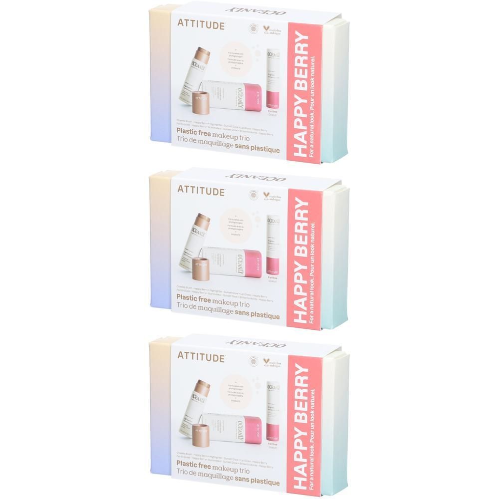 Trois coffrets cadeaux Attitude™ Oceanly™ Happy Berry. Chaque coffret contient deux baumes à lèvres.