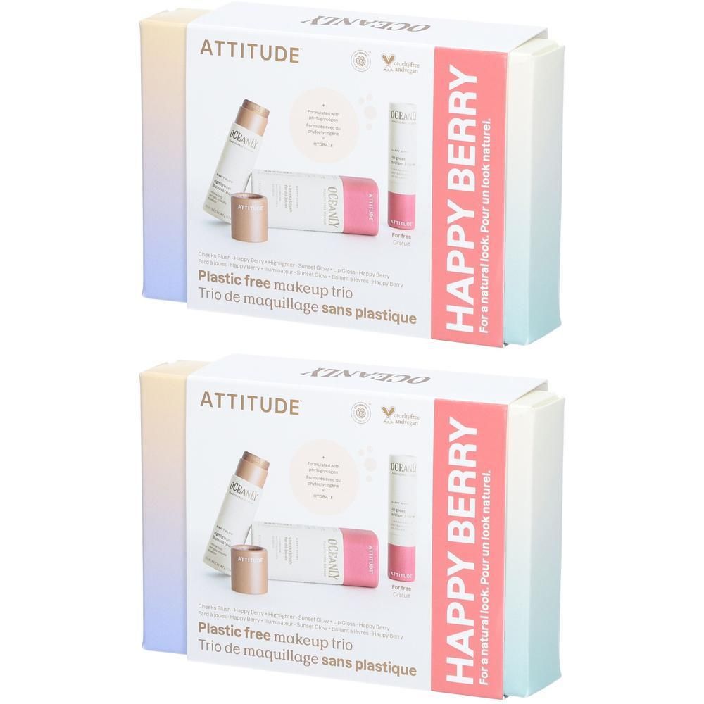 Deux coffrets cadeaux ATTITUDE Oceanly Happy Berry. Chaque coffret contient un trio de maquillage sans plastique.
