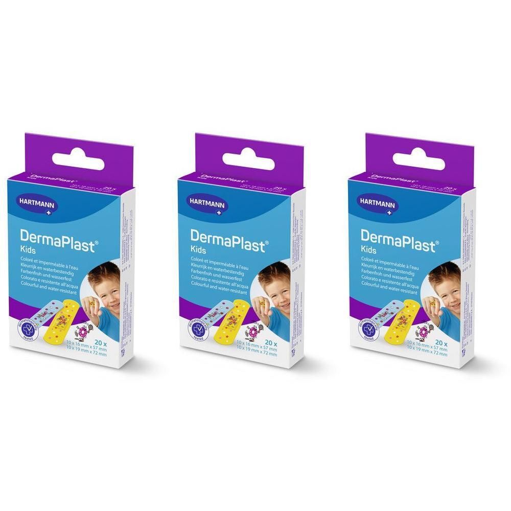 Drie pakken Hartmann DermaPlast® Kids pleisters met kleurrijke motieven voor kinderen.