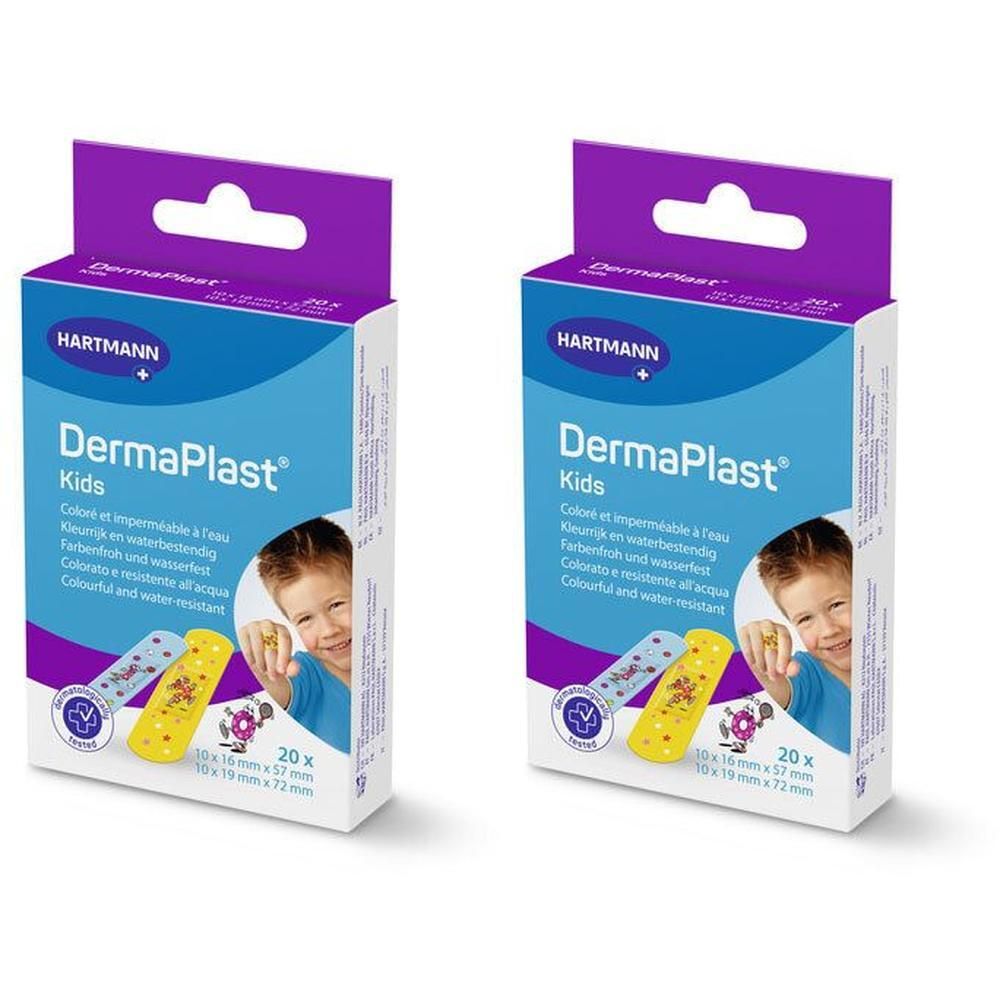 Twee pakken Hartmann DermaPlast® Kids pleisters. Kleurrijk en waterbestendig, 20 stuks per pak.