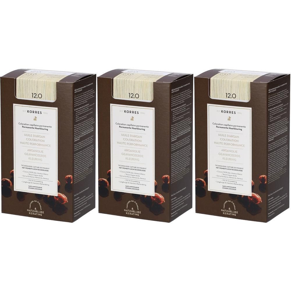 Trois boîtes de coloration capillaire Korres à l'huile d'argan, teinte 12.0 Blonde Spéciale.