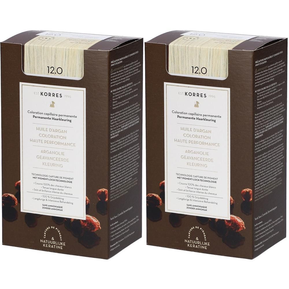 Deux boîtes de coloration capillaire Korres Huile d'Argan 12.0 Blond Spécial. À l'huile d'argan et kératine.