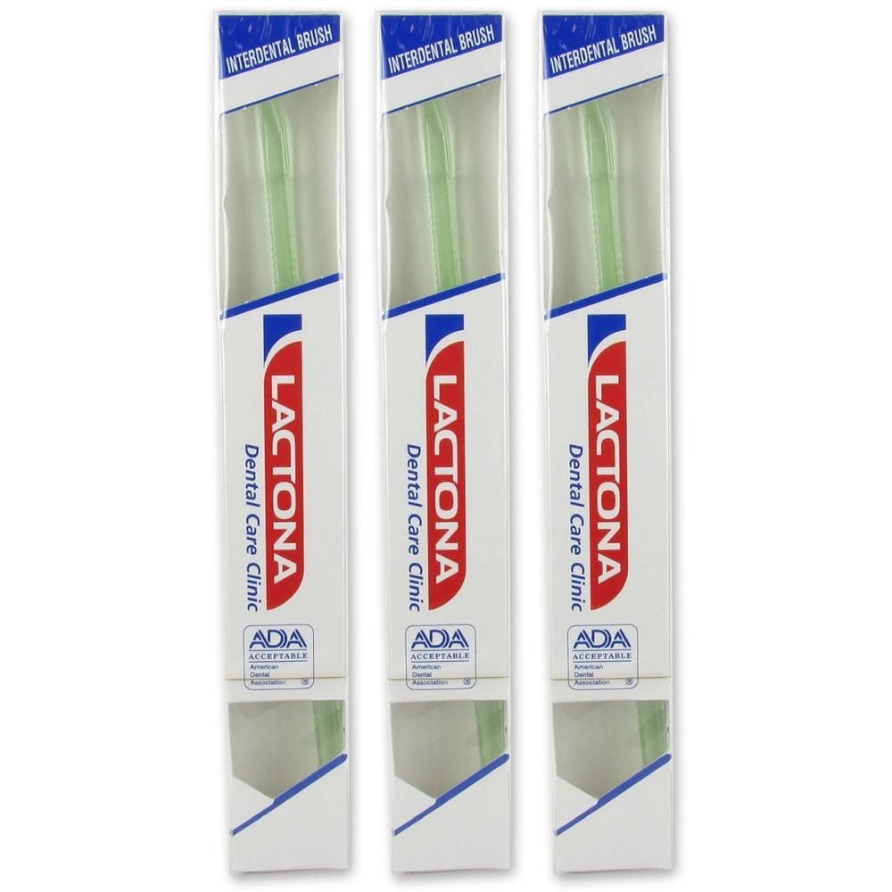 Trois brosses interdentaires Lactona de couleur verte, emballées dans des boîtes individuelles avec sceau ADA.