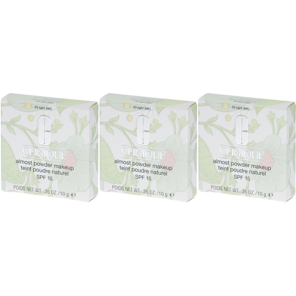 Trois boîtes de Clinique Almost Powder Makeup SPF 15, motif floral vert clair.