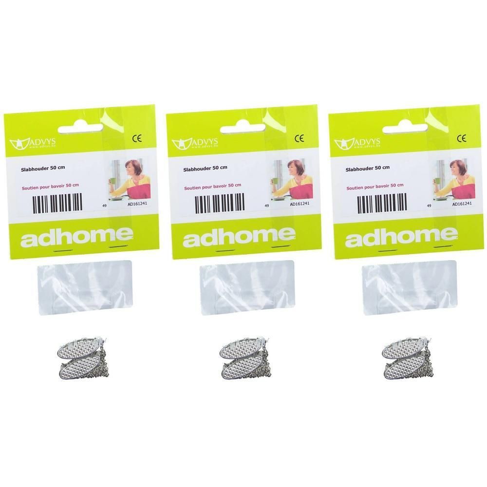 Drie verpakkingen Adhome houders 50 cm met elk twee bevestigingsclips en plakstrips.