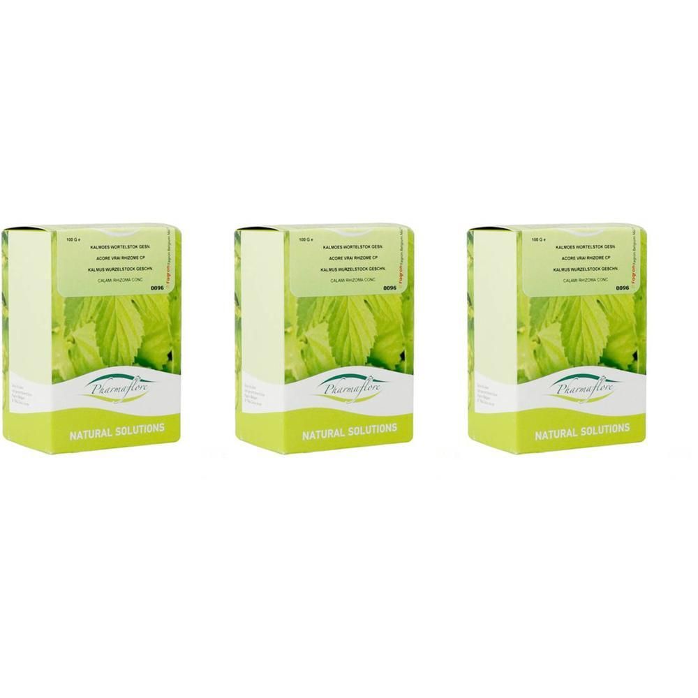 Trois boîtes de Pharmaflore Acore Vrai Rhizome Coupé avec feuilles vertes et fleurs.