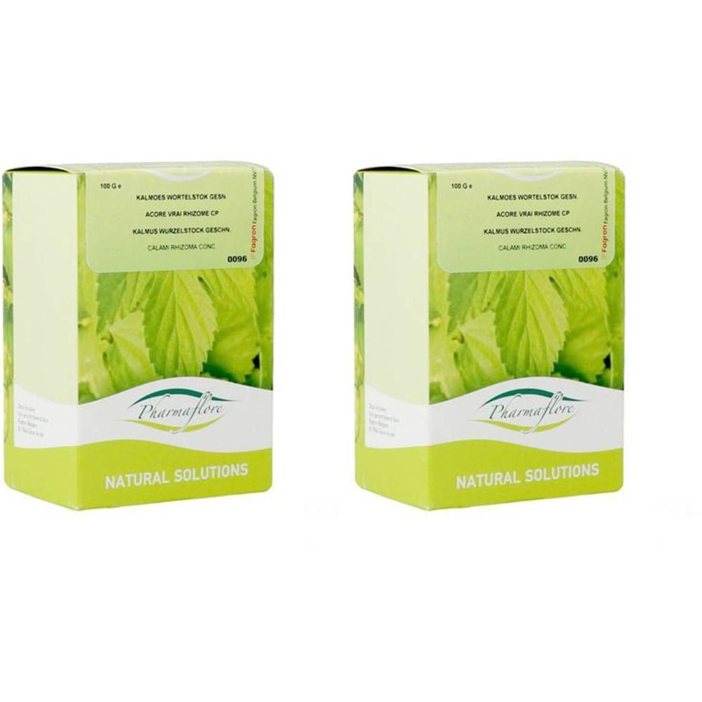 Twee verpakkingen Pharmaflore Acore Vrai Rhizome Coupé met groene bladeren en bloemen.