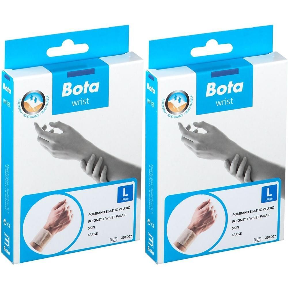 Twee verpakkingen Bota polsband met klittenband, maat L, huidskleur.
