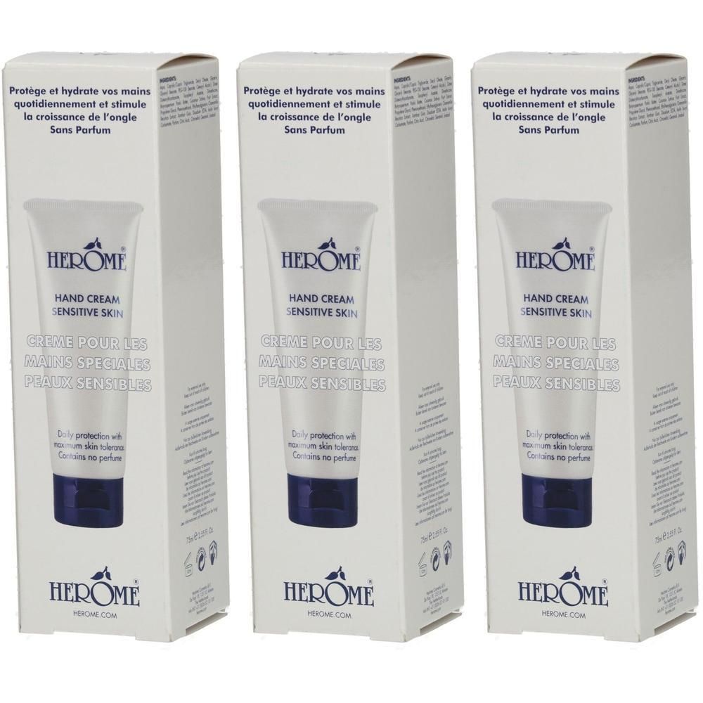 Drie verpakkingen Herôme handcrème voor de gevoelige huid.