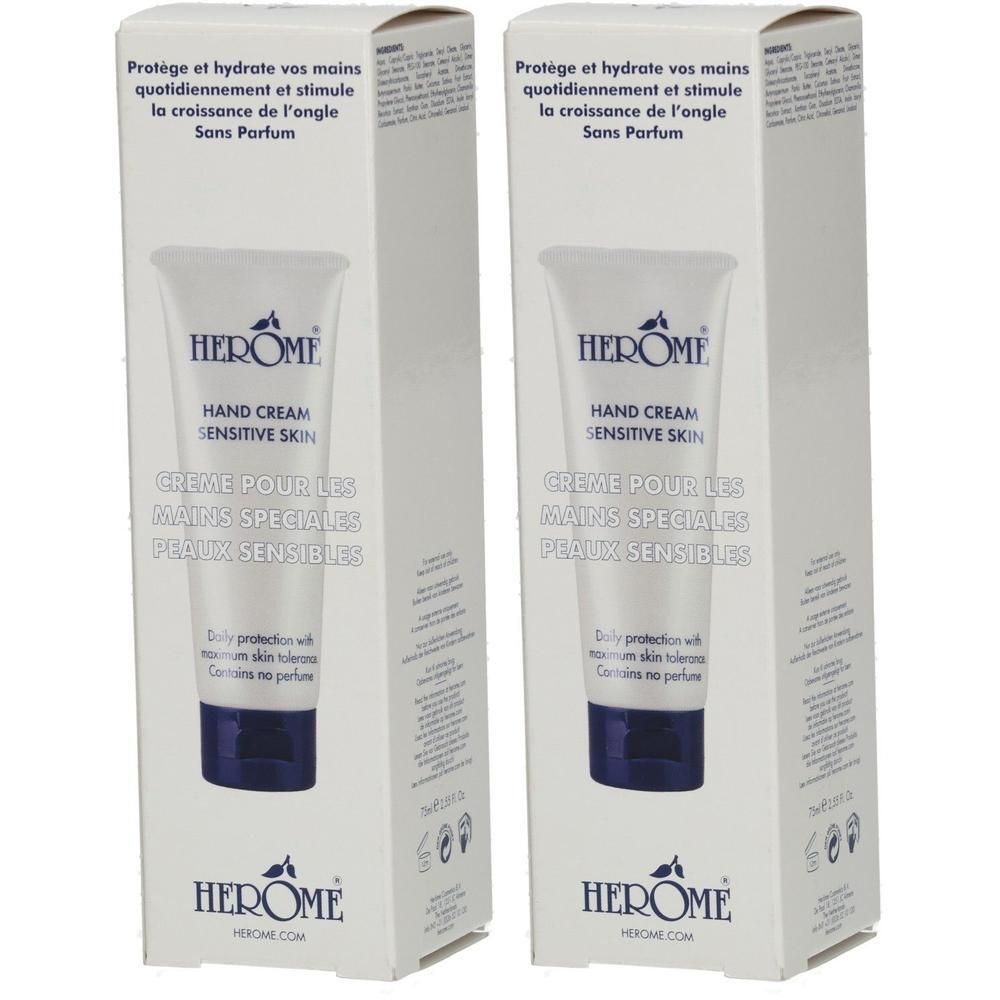 Twee verpakkingen Herôme Handcrème Gevoelige Huid. Bevat een tube handcrème.