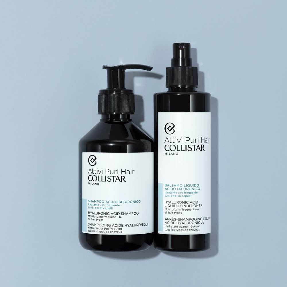 Shampoing à l'acide hyaluronique Collistar avec pompe et soin liquide avec vaporisateur.