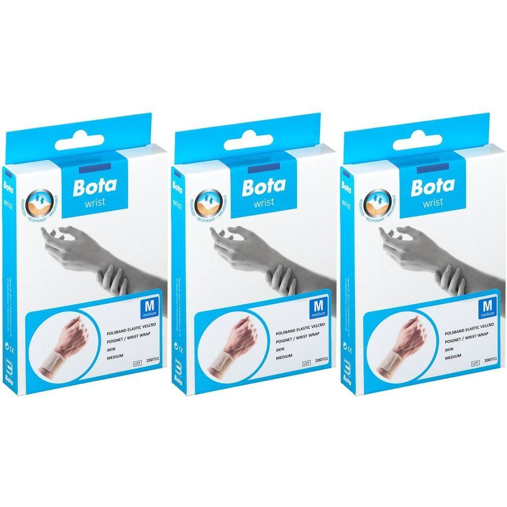Drie verpakkingen Bota polsbandjes, maat M, met klittenbandsluiting.