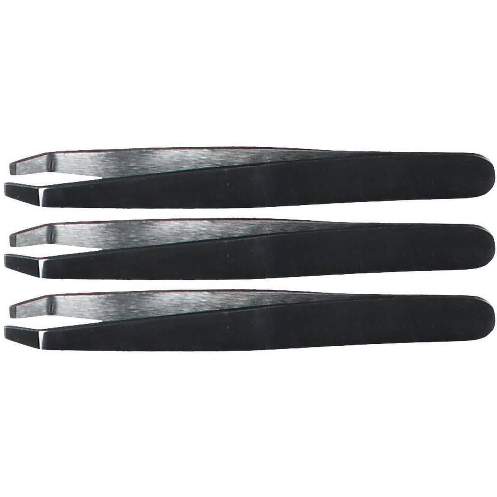 Trois pinces à épiler noires en acier inoxydable, alignées côte à côte.