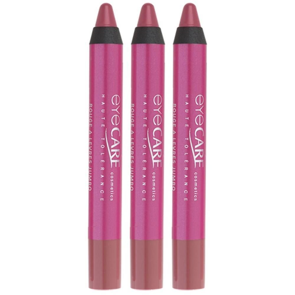 Drie roze jumbo lippenstiften met "eye CARE" logo en opschrift "HAUTE TOLERANCE COSMETICS".
