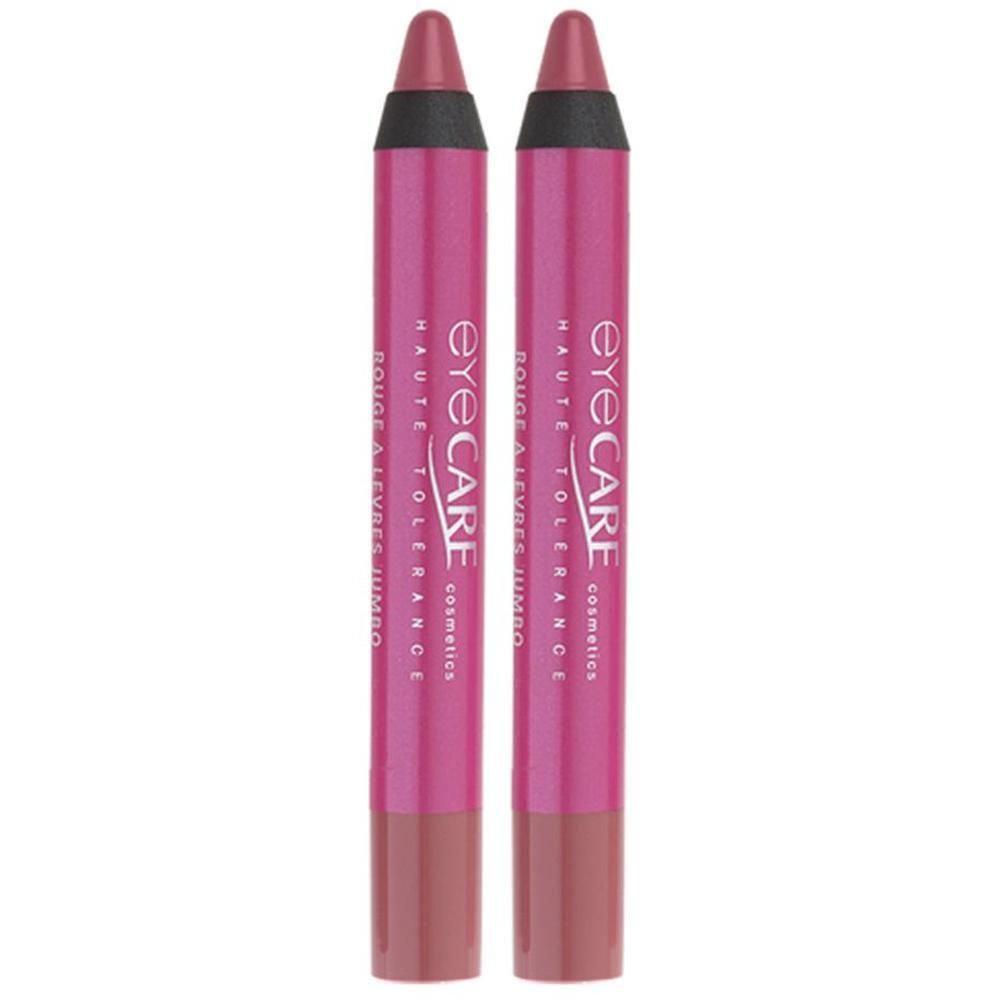 Twee roze jumbo lippenstiften met "eye CARE" logo en "HAUTE TOLERANCE" opschrift.