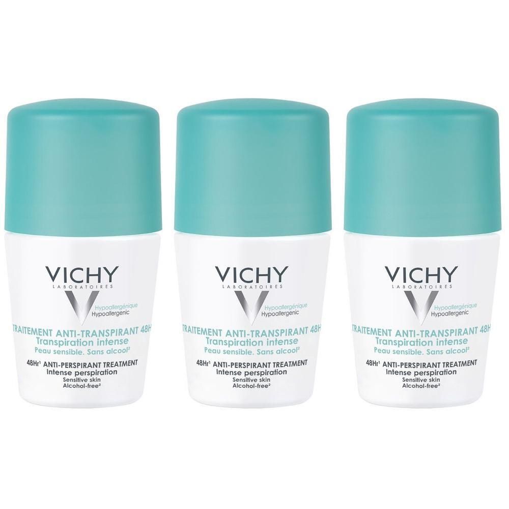 Trois roll-ons déodorants Vichy avec bouchons turquoise et étiquette de bouteille blanche.