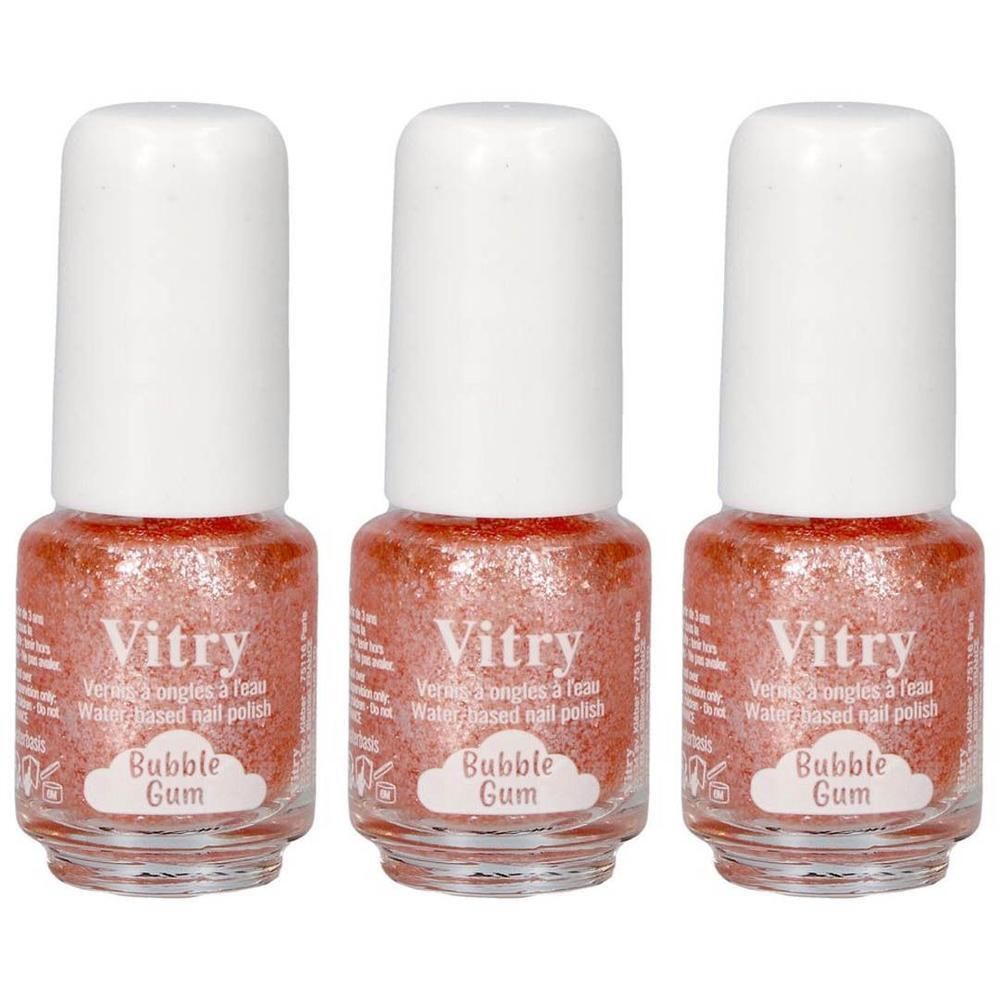 Trois flacons de vernis à ongles pailleté couleur Bubble Gum.