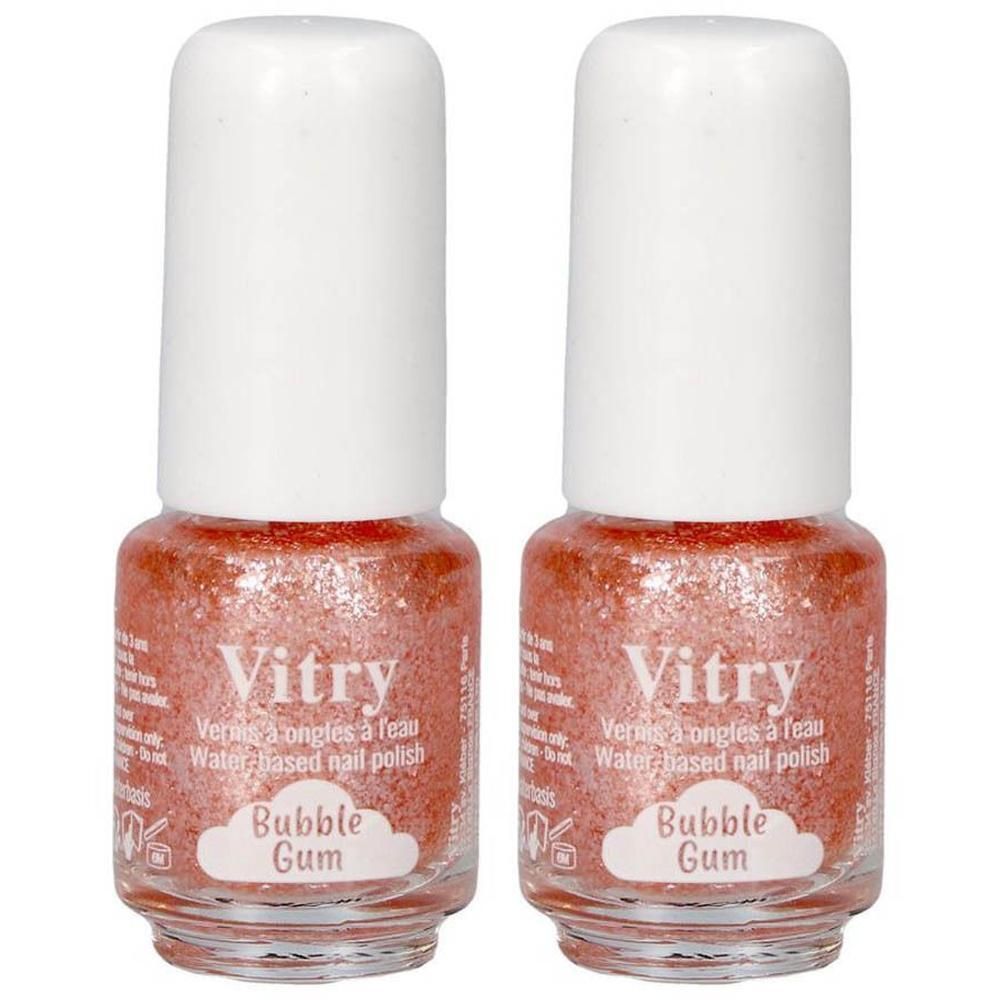Deux flacons de vernis à ongles pailleté Vitry couleur Bubble Gum.