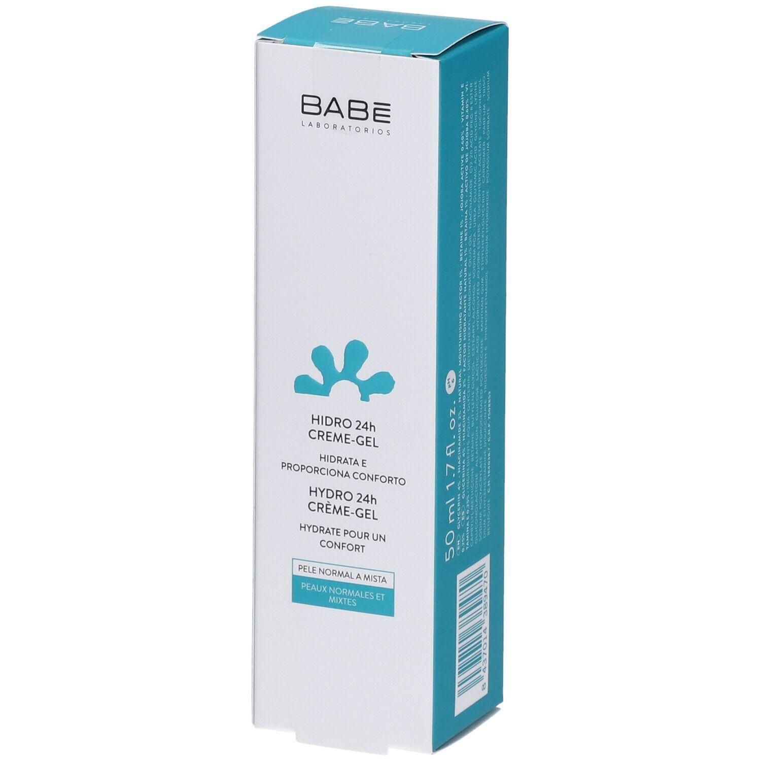 BABÉ Hydro 24h Crème-Gel verpakking met productinformatie en merknaam.