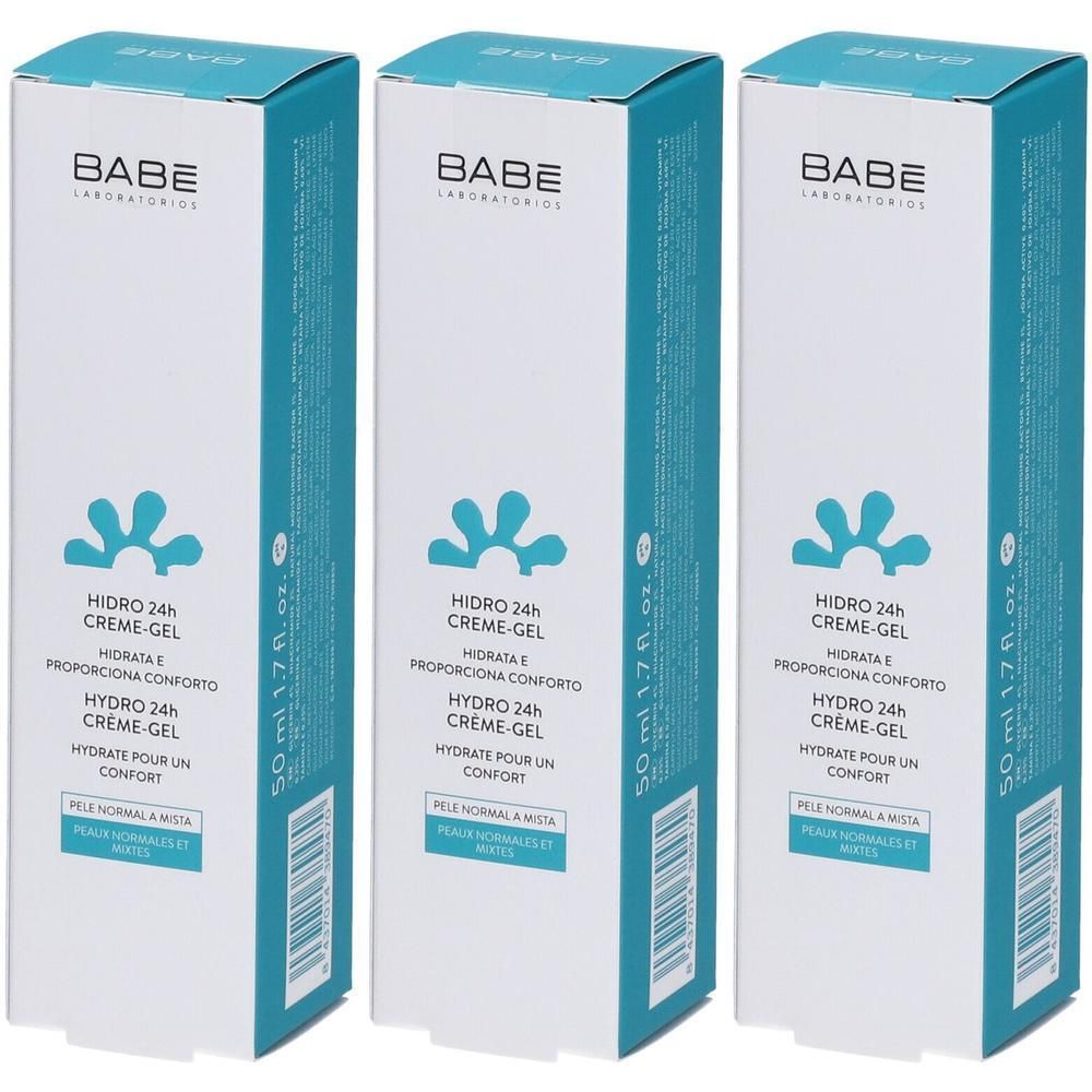 Drie verpakkingen BABÉ Hydro 24h Crème-Gel, 50 ml. Blauwe en witte verpakking met logo en productinformatie.