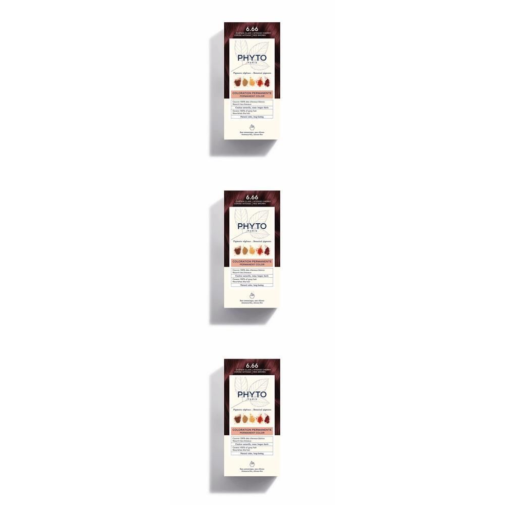 Phyto Paris Coloration Permanente 6.66 Châtain Clair Cerise Intense, boîte avec échantillons de couleur.