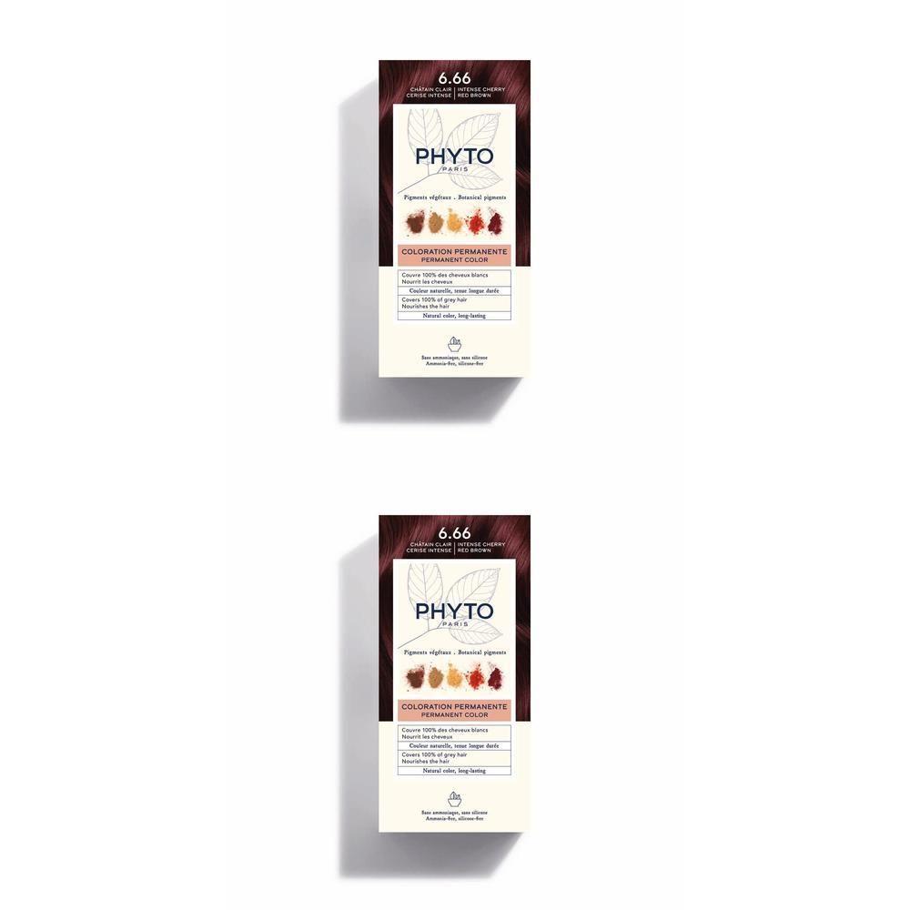 Deux boîtes de coloration permanente Phyto Paris 6.66 Châtain Clair Cerise Intense.