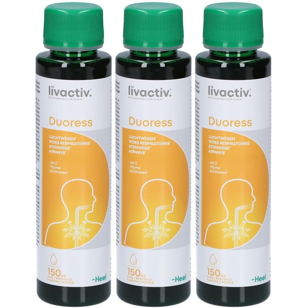 Trois flacons de Livactiv Duores, 150ml. Bouchon vert, étiquette avec cercle orange et profil de tête humaine.