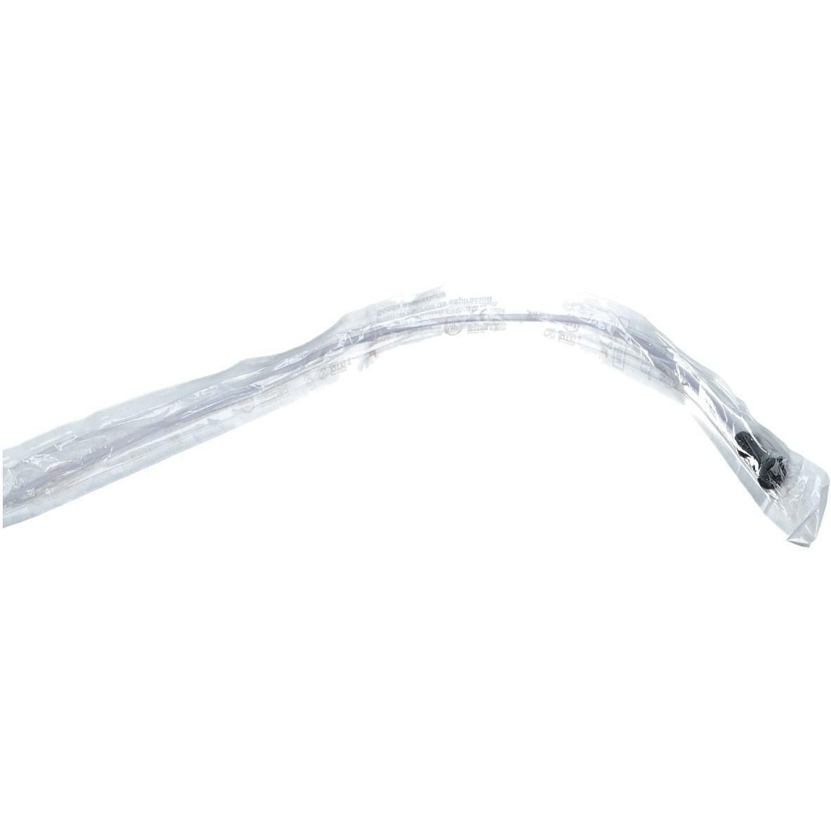 Une sonde d'aspiration courbée et transparente avec un connecteur noir.