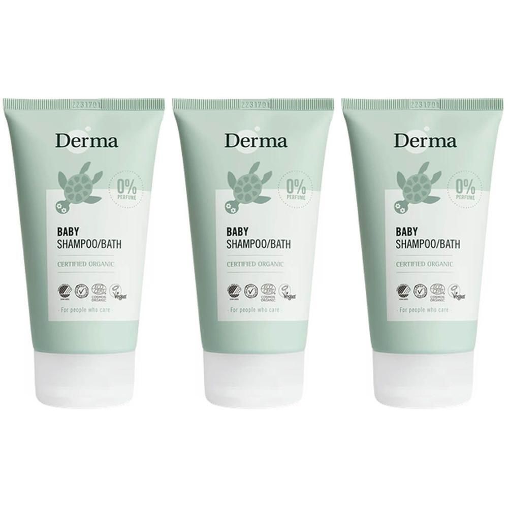 Trois flacons de Derma Baby Shampoo & Bain avec logo tortue et certifications bio.
