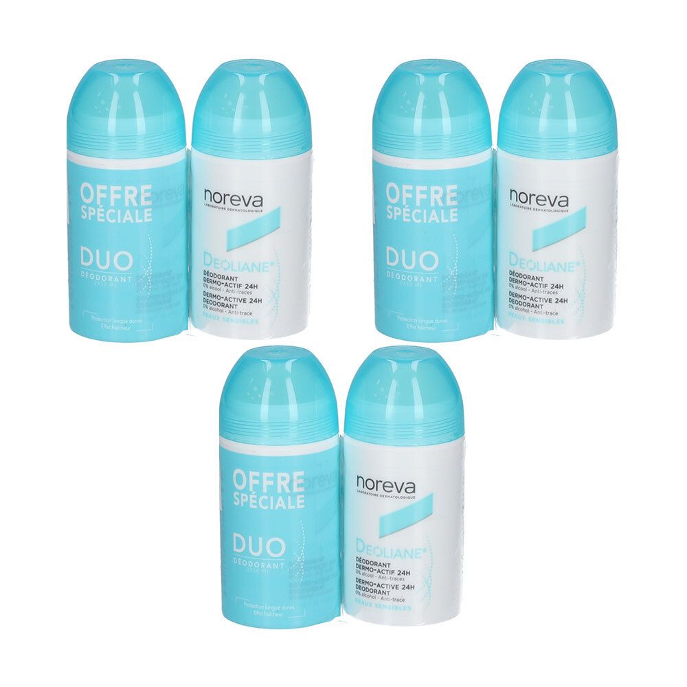 Vijf roll-on deodorants met lichtblauwe doppen. Twee verpakkingen tonen 'Offre Spéciale Duo'.
