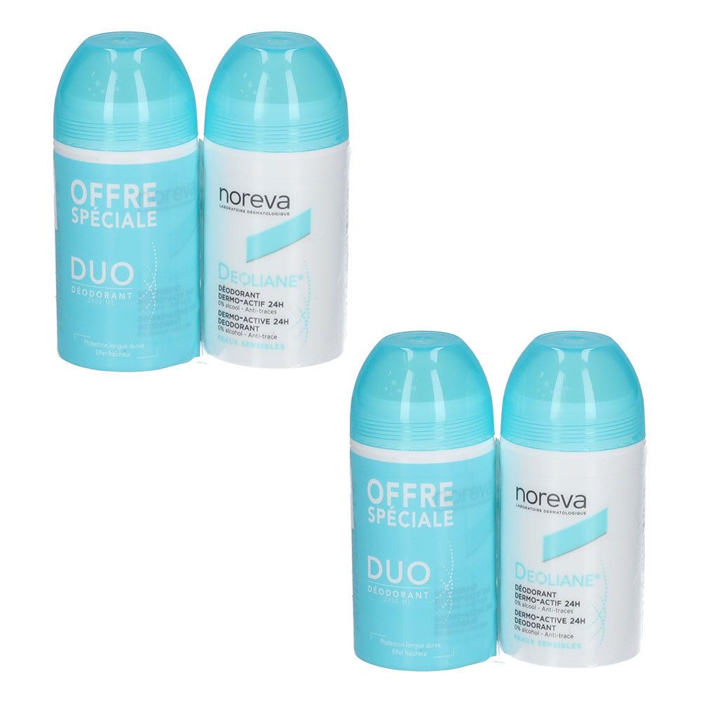 Deux roll-ons déodorants Noreva, un "Offre Spéciale Duo" et un "Déoliant Dermo-Actif 24H".