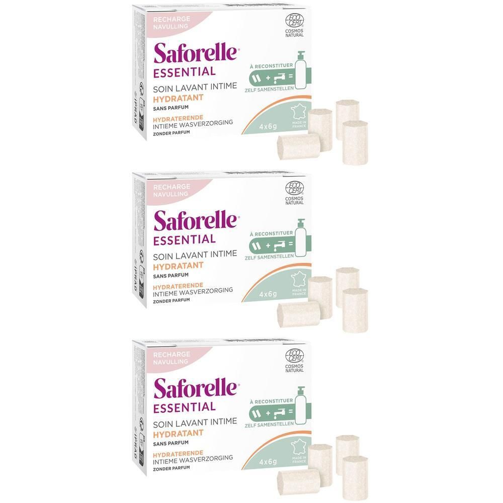 Drie pakken Saforelle Essential Hydraterende Intieme Wasverzorging navullingen, zonder parfum.