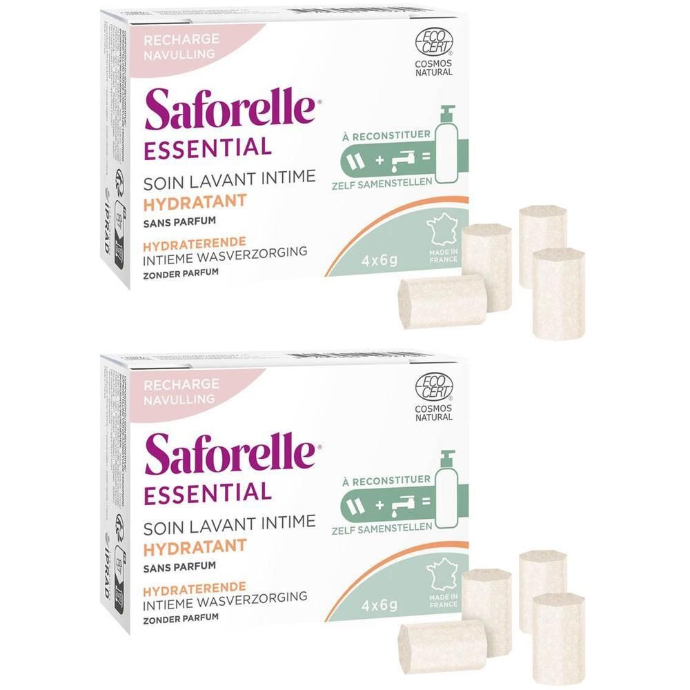 Saforelle Essential Navulling: 4x6g Hydraterende intieme wasverzorging zonder parfum. Zelf samenstellen.