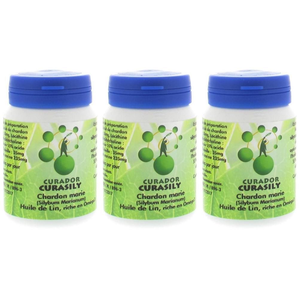 Drie flacons Curasily met blauwe doppen. Elke fles heeft een etiket met groene bladeren en cirkels.