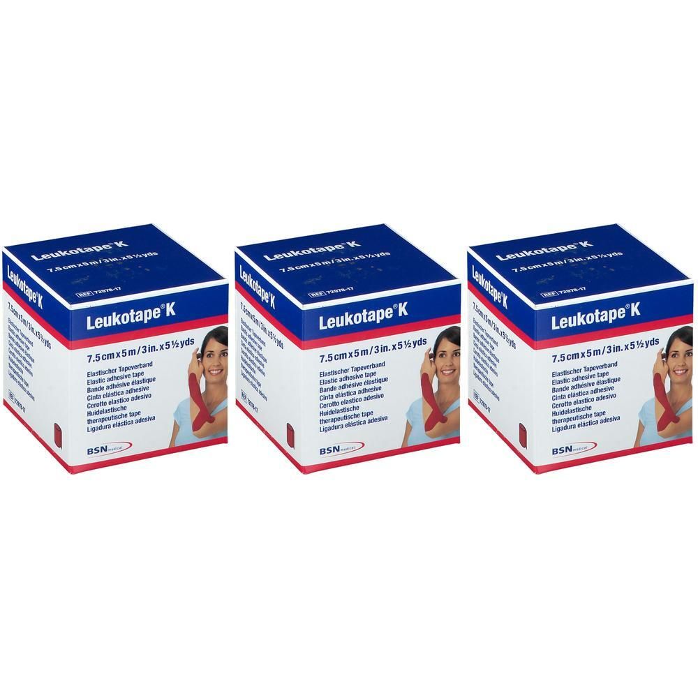 Drie verpakkingen Leukotape K elastisch tape, 7,5cm x 5m.