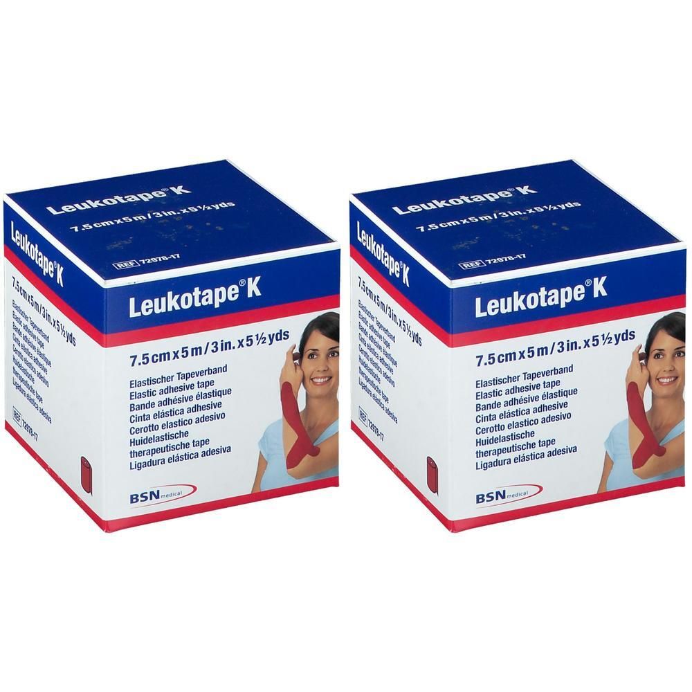 Twee verpakkingen Leukotape K, elastisch tape, 7,5 cm x 5 m. Blauwe en witte verpakking met afbeelding van een vrouw die tape aanbrengt.