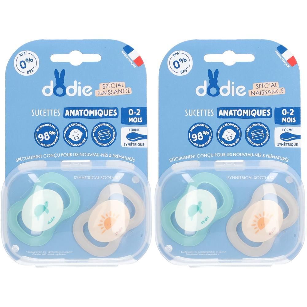 Deux sucettes anatomiques Dodie pour nouveau-nés et prématurés, 0-2 mois, sans BPA, forme symétrique.
