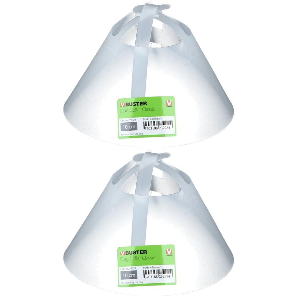 Deux colliers coniques transparents pour chien avec fermeture velcro et étiquette 'BUSTER Dog Collar Classic 10cm'.