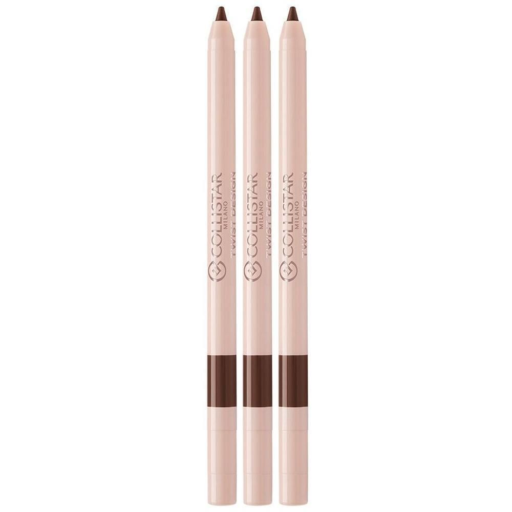 Trois crayons à lèvres beiges avec pointe marron et inscription.