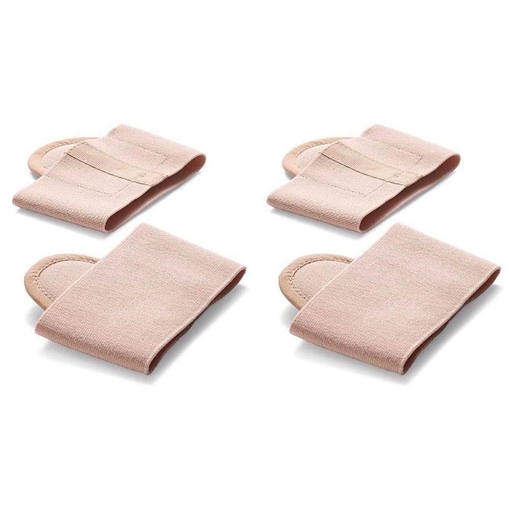 Vier middenvoetsbeentjes kussens van beige stof, elk met een band voor de voet.