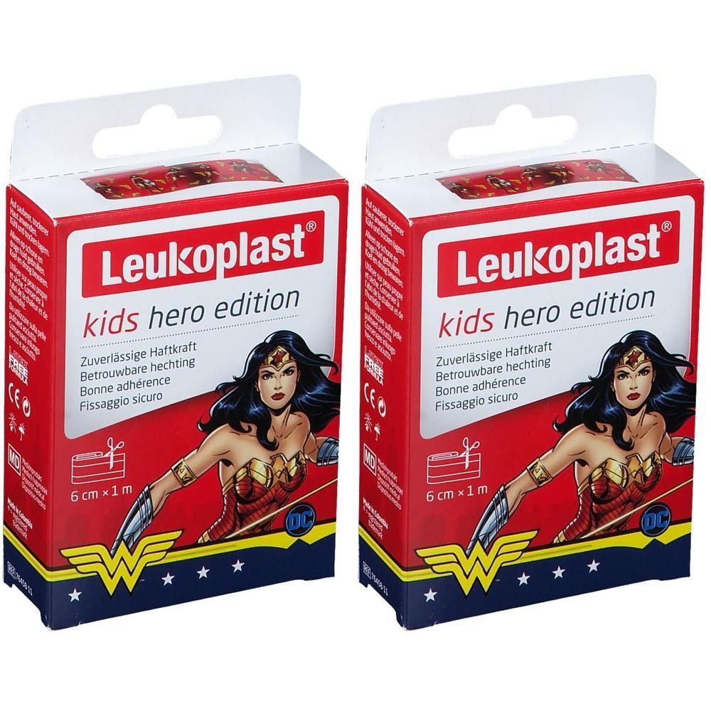 Twee pakken Leukoplast pleisters met Wonder Woman, 6cm x 1m.