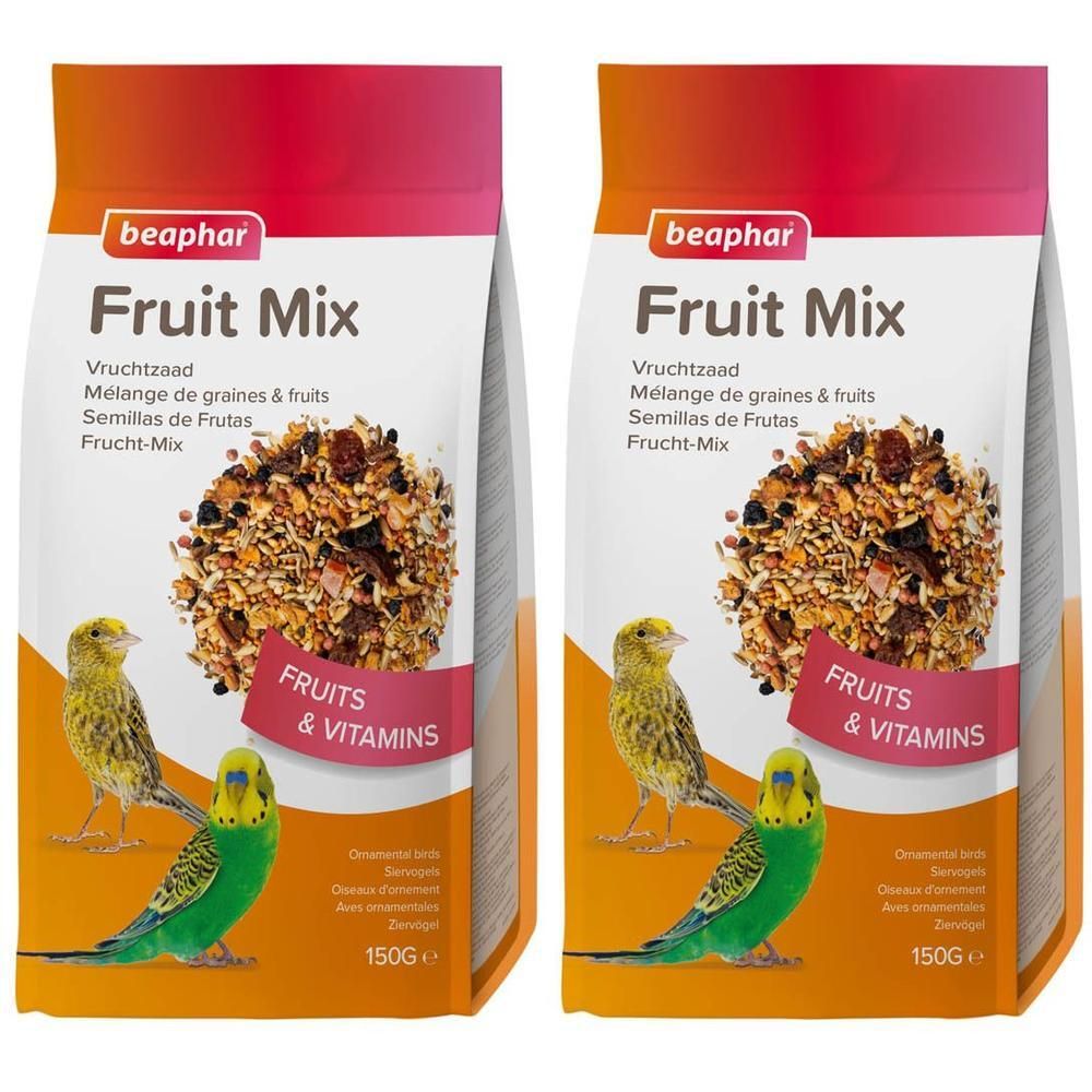 Deux paquets de Beaphar Fruit Mix, nourriture pour oiseaux aux fruits et vitamines.