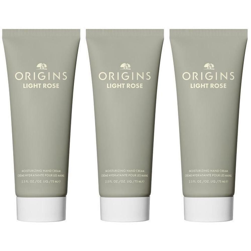 Drie tubes Origins Light Rose hydraterende handcrème.