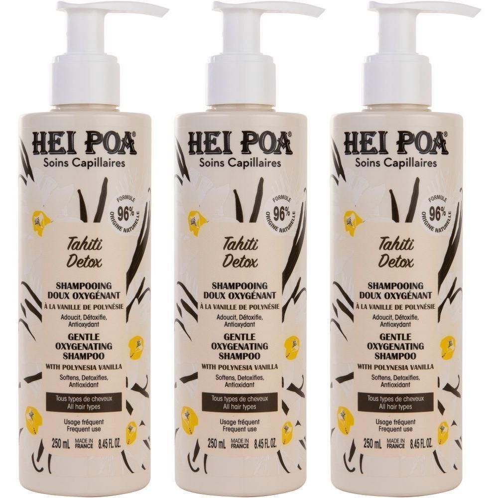 Drie flessen Hei Poa Tahiti Detox milde detox shampoo met vanille.
