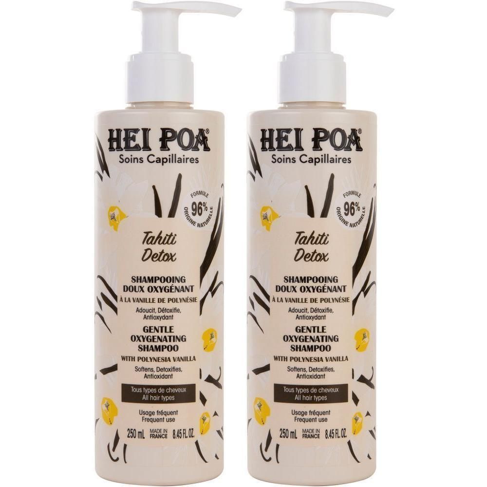 Deux flacons de shampooing Hei Poa Tahiti Detox, 250ml.