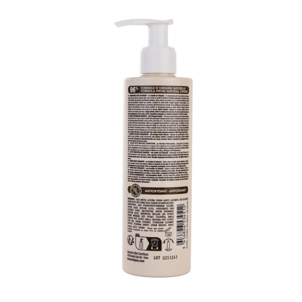 Arrière d'un flacon de shampooing Hei Poa Tahiti Detox avec ingrédients et instructions.