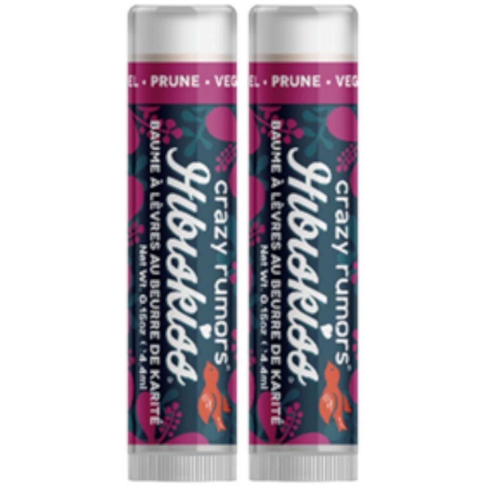 Twee Crazy Rumors Hibiskiss Prune lippenbalsemstiften met bloemenpatroon.
