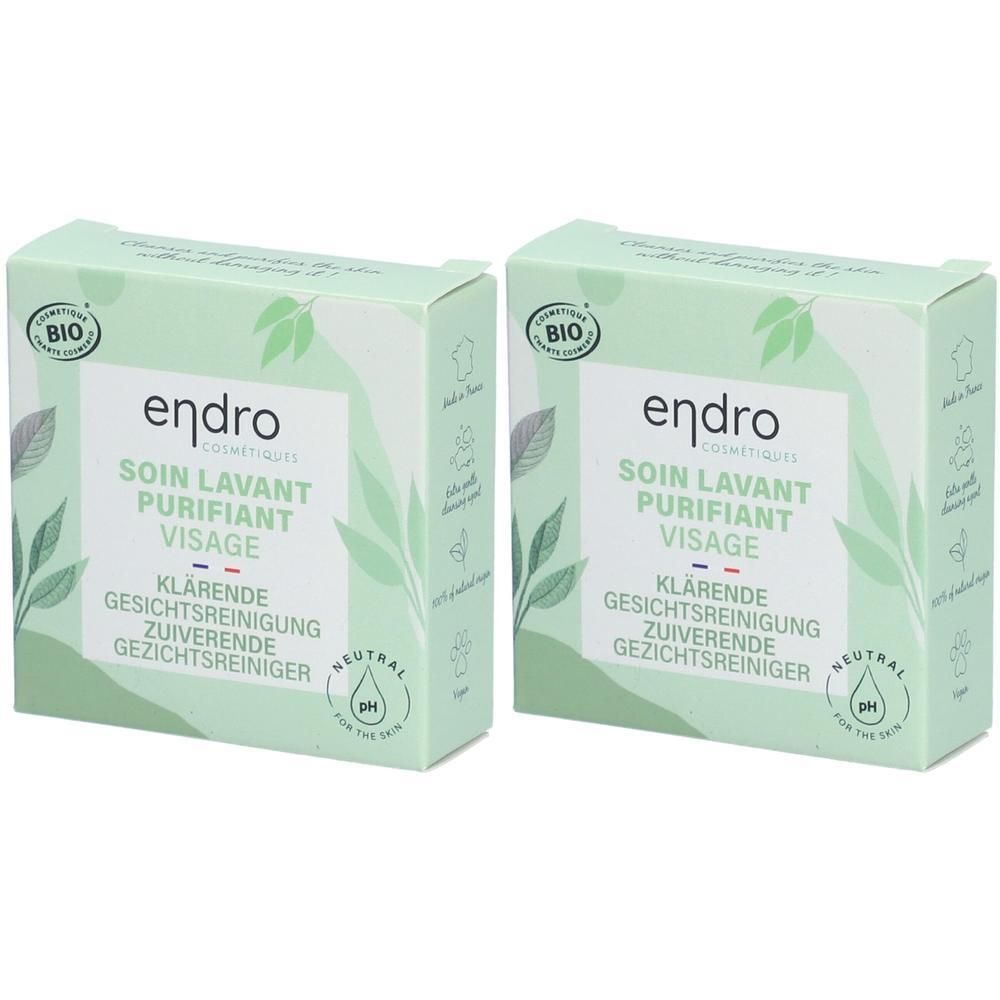 Twee doosjes Endro Zuiverende Gezichtsreiniger, met Bio-keurmerk en neutrale pH-waarde.