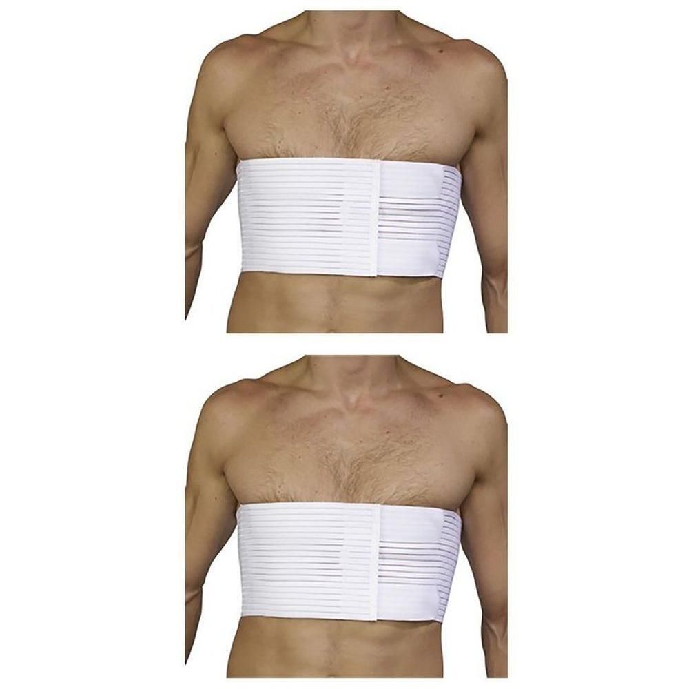 Twee witte thoraxbandages voor heren, van elastisch materiaal met klittenbandsluiting.